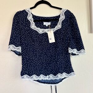 RIHOAS Navy Polka Dot Lace Puff Sleeve Blouse Large NWT Romantic Coquette